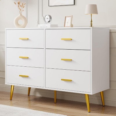 6 Drawer Dresser, Modern Wooden Dresser with Gold Handles and Storage Space, Chest Dresser with Deep Drawers for Bedroom, Living Room