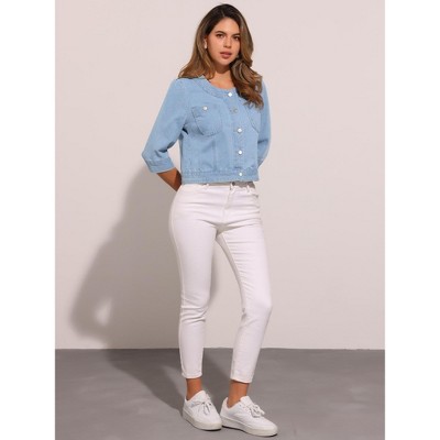 INSPIRE CHIC Women's Casual 3/4 Sleeve Collarless Button Up Cropped Denim Jacket Small Light Blue — фото 3