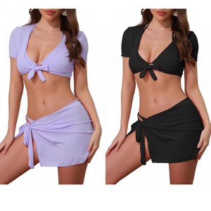INSPIRE CHIC Women's Tie Knot Halter Ribbed Short Sleeve Cover Up Set Triangle Bottom Swimwear Bathing Bikini Suits 2 Sets - 1 of 4