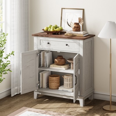 Farmhouse Style 31.5" Adjustable Storage Cabinet with 3-Tier Shelves – Rustic Kitchen & Dining Room Organizer, Multi-Functional Entryway White