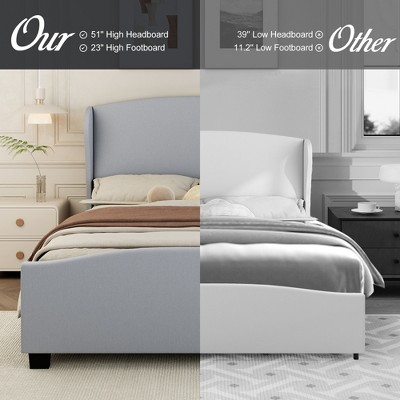 KTMBDW Bed Frame with Wingback Headboard, Upholstered Platform Bed Frame with Heavy Duty Wooden Slats Support, Noise-Free, No Box Spring Needed, Gray