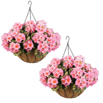 2 Set Artificial Outdoor Geraniums Flowers with Brown Basket, 12 Pcs Geraniums Flowers for Christmas, Front Porch, Garden, Patio, Home Decor, Pink