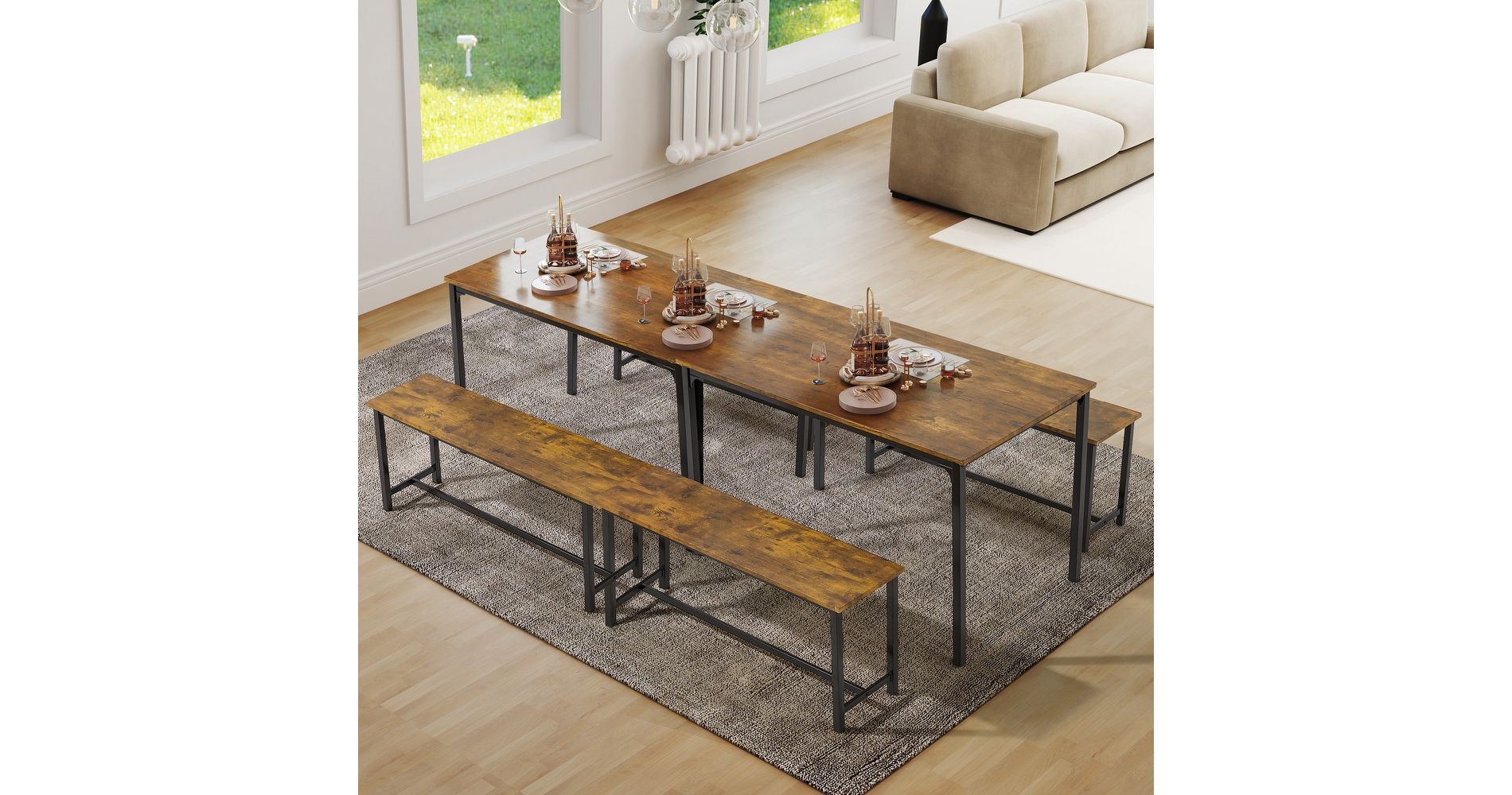 EROMMY Dining Set for 4-6, Extra-Long Table with 2 Benches