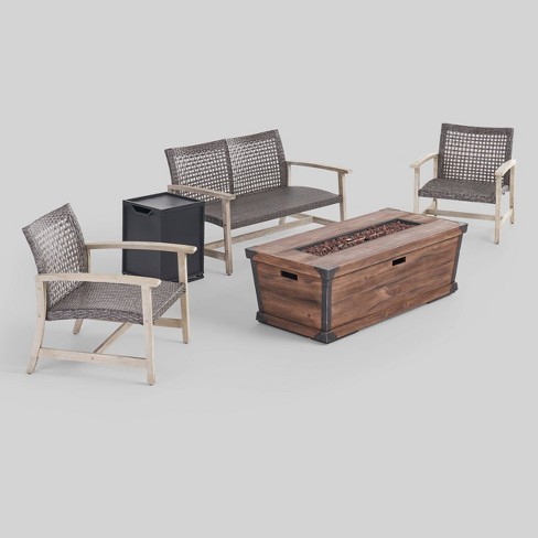 Azalea 5pc Wood And Wicker Chat Set With Fire Pit Light Gray Brown Christopher Knight Home Target