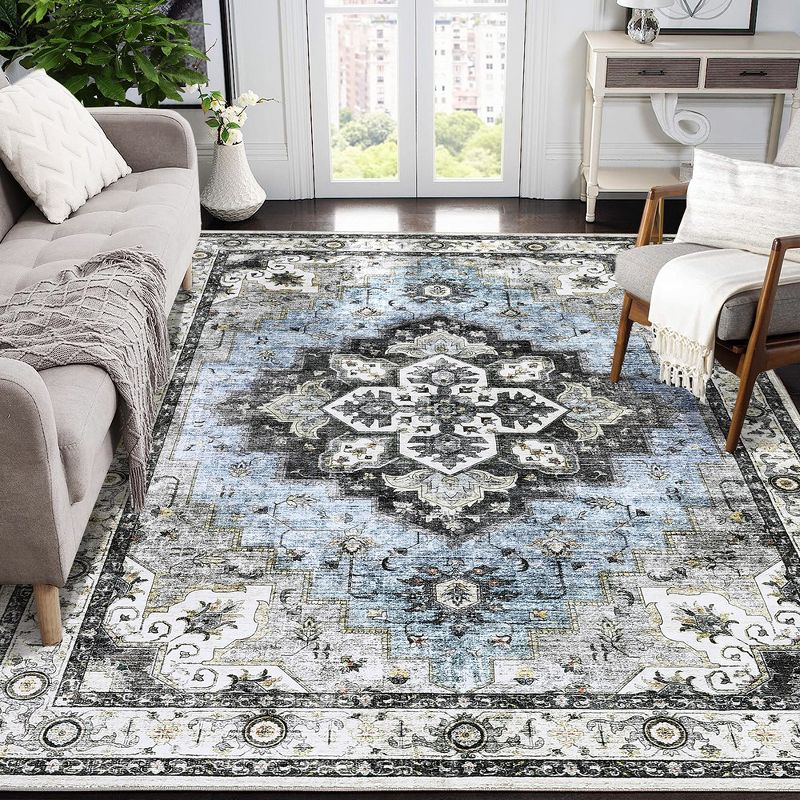 Washable Boho Area Rugs for Living Room Bedroom Vintage Persian Medallion Rug Non Slip Low Pile Carpet, 1 of 9