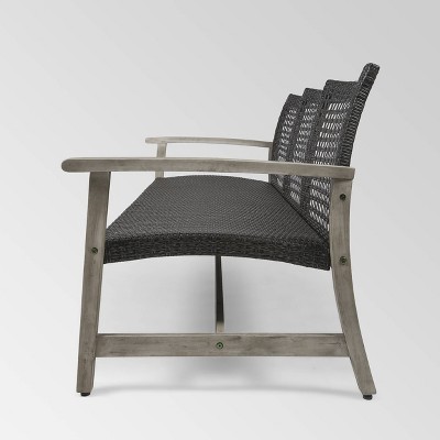 Marcia Light Gray Wood and Black Wicker Three-Seat Outdoor Sofa