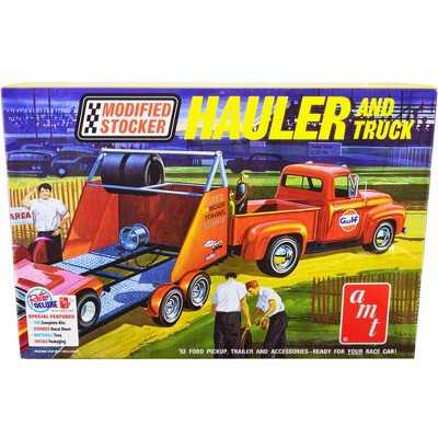 Skill 2 Model 1953 Ford Pickup Truck with "Modified Stocker" Hauler "Gulf Oil" 1/25 Scale Model by AMT