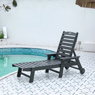 Patio Recliner,Wood Texture Outdoor Chaise Lounge With Wheels And Cup Holder,Outdoor Lounge Chair,Patio Recliner For Poolside,Deck-Cuddlewood