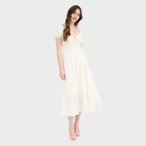 August Sky Women's Solid Front Tie Puff Sleeve Ruffle Hem Midi Dress - 1 of 4