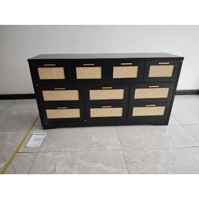 10-Drawer Dresser for Bedroom, Rattan Farmhouse Chest with Handles, Freestanding Wooden Storage Cabinet for Living Room, Closet, Entryway