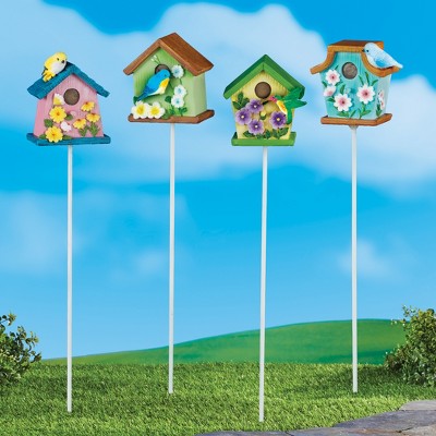 Colorful Hand-Painted Resin Birdhouse Garden Stakes Set of 4