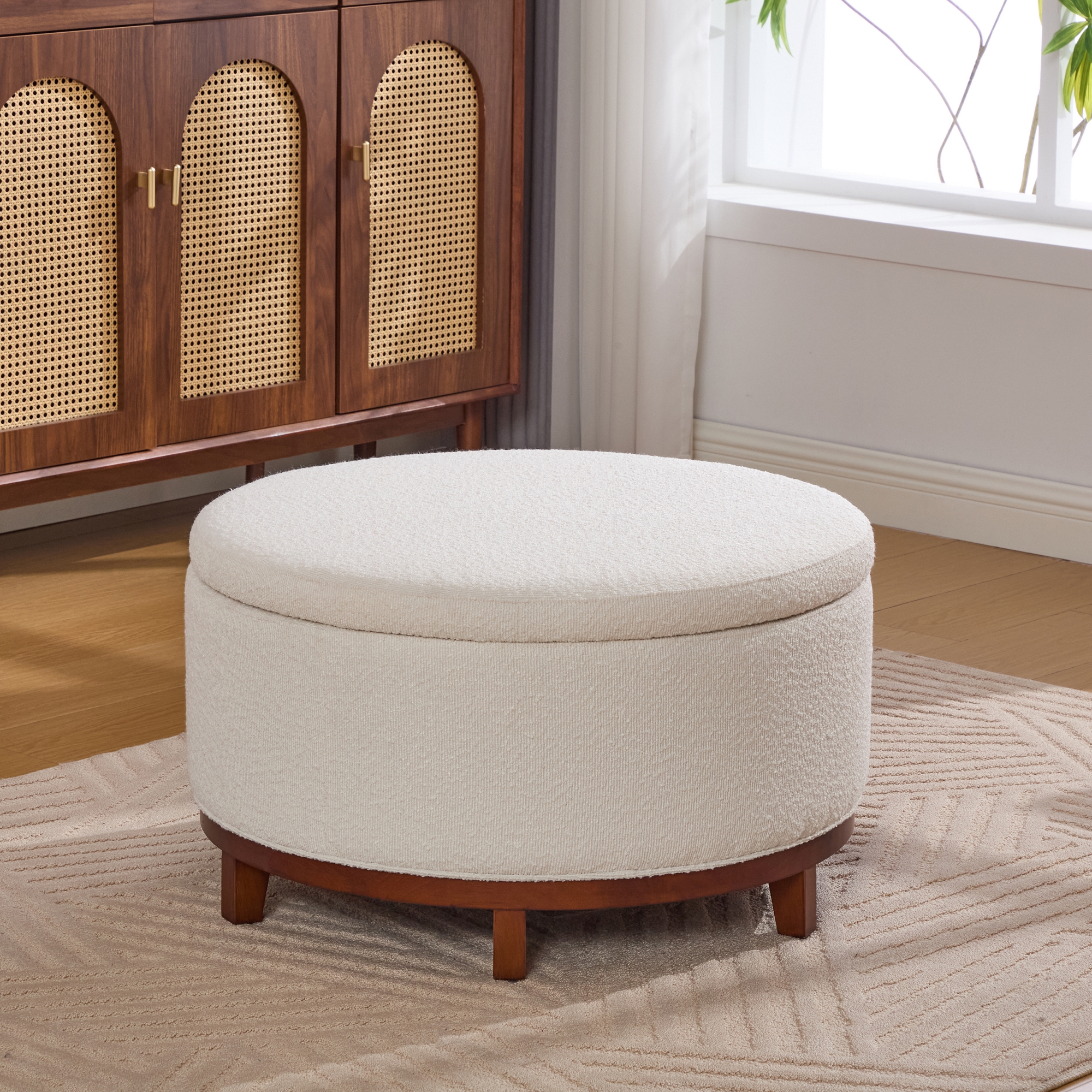 Christopher Knight Home Aikenhead Modern Round Storage Ottoman with Wooden Legs, Beige/Brown