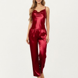 Anna-Kaci Lounge Women's 2-Piece Set Satin Cowl Neck Camisole and Sheer Floral Velvet Overlay Pants - 1 of 4