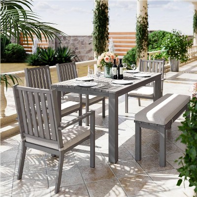 Heynemo 6 Pieces Patio Dining Sets, Aluminum Outdoor Dining Table with 4 Chairs and Bench, Patio Dining Furniture Set with Removable Cushion