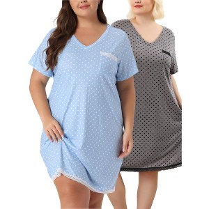 Agnes Orinda Women's Plus Size V Neck Short Sleeve Polka Dots Nightgowns - 1 of 4