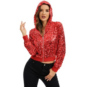 Anna-Kaci Women's Sequin Zip-Up Hooded Jacket with Ribbed Hem and Long Sleeves for Party Wear - 1 of 4