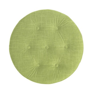 Bright Chartreuse Linen Cotton Blend Round Tufted Ottoman with Ivory Trim