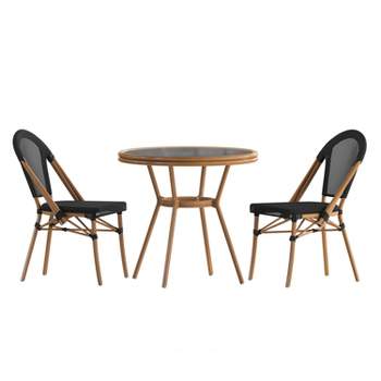 Flash Furniture Marseille Indoor/Outdoor Commercial French Bistro 31.5" Table, Textilene, Glass Top with 2 Stack Chairs