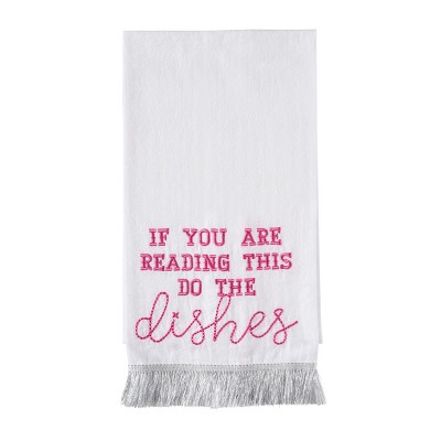 Totalee Gift Do The Dishes Silver Fringe Tea Towel Cotton White