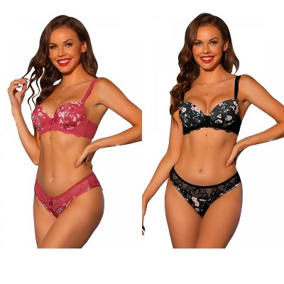 Allegra K Women's Push Up Adjustable Straps Padded Floral Lace Underwired Bras and Panties 2 Packs