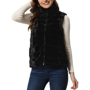 INSPIRE CHIC Women's Stand Collar Fully Lined Sleeveless Faux Fur Fluffy Zip Vest - 1 of 4