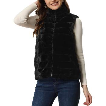 Allegra K Women's Stand Collar Fully Lined Sleeveless Faux Fur Fluffy Zip Vest