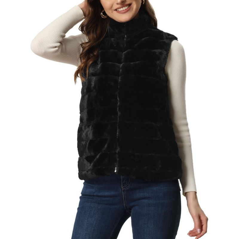 Allegra K Women's Stand Collar Fully Lined Sleeveless Faux Fur Fluffy Zip Vest, 1 of 6