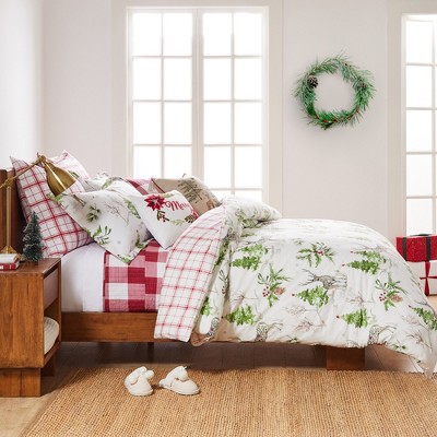 Twin White Cotton Reversible Holiday Comforter Set