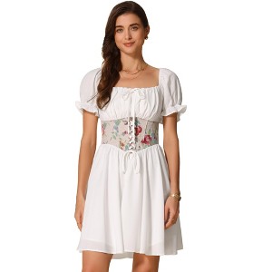 INSPIRE CHIC Women's Corset Mini Square Neck Short Sleeve Patchwork Smocked Dress - 1 of 4