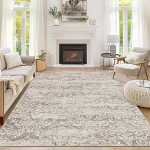 Washable Area Rugs for Living Room, Soft Vintage Damask Distressed Bedroom Rug Foldable Low Pile Indoor Floor Carpet, Boho Non-Slip Throw Rugs - 1 of 4