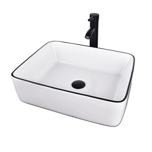 ELECWISH White Ceramic Bathroom Sink, 19" x 15" Above Counter Porcelain Vessel Sink with Black Faucet and Pop up drain Combo, Rectangle - 1 of 4