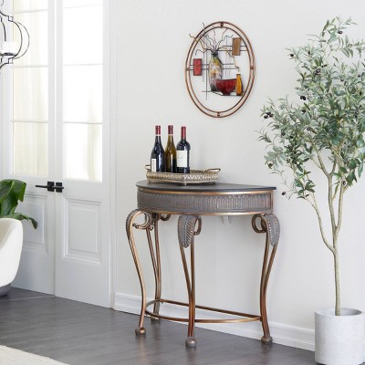 Gold Metal Demilune Console Table with Ornate Scroll Legs