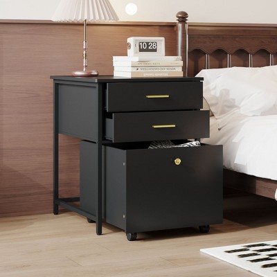 FUFU&GAGA Black Nightstand with Ample Storage - 3 - Drawer Bedside Table for Bedroom Organization