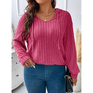 Solid Color Plus Size Women's Tops Loose V-Neck Hooded Long Sleeve Striped Brushed T-Shirt - 1 of 4