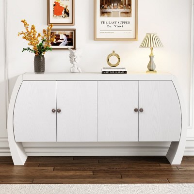 Storage Cabinet with Four Doors, Curved Legs, Built-in Shelves and Ash Veneer Finish for Entryway, Hallway or Living Room-The Pop Home