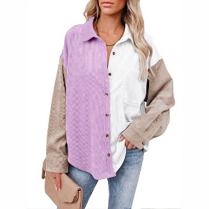 BLUEMING Womens Button Down Shirts Dressy Casual Work Shacket Collared Neck Long Sleeve Oversized Blouses - 1 of 4