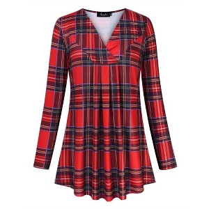Women's Plus Size Long Sleeve V Neck Tunic Tops Pleated Flowy Tee Shirt Causal Loose Blouse, Red Plaid, 3XL - 1 of 4