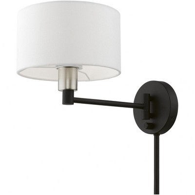 Black and Brushed Nickel Swing Arm Wall Lamp with Off-White Shade
