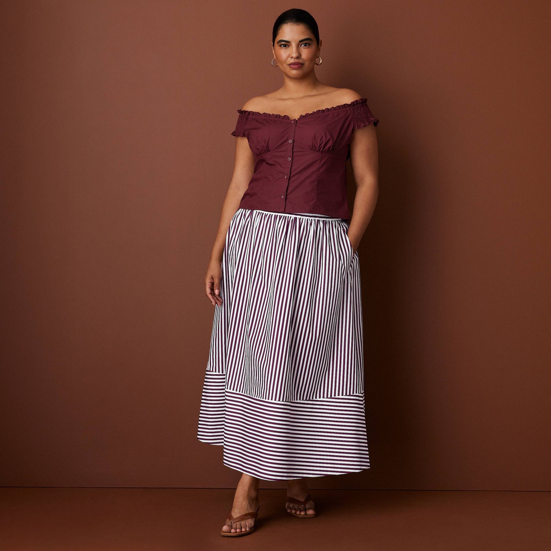 Women's Off the Shoulder Poplin Button-Down Shirt - Rosie Assoulin x Target Burgundy XS