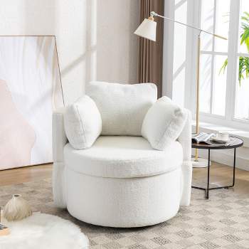 April 33.9" Seat Wide Teddy Upholstered Round Swivel Backrest Chair, Swivel Chairs with Storage Including 3 Pillows-Maison Boucle