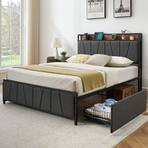 Bed Frame with 2 Storage Drawers, Linen Upholstered Platform Bed Frame with Storage Headboard and Charging Station, Heavy Duty, Gray - 1 of 4
