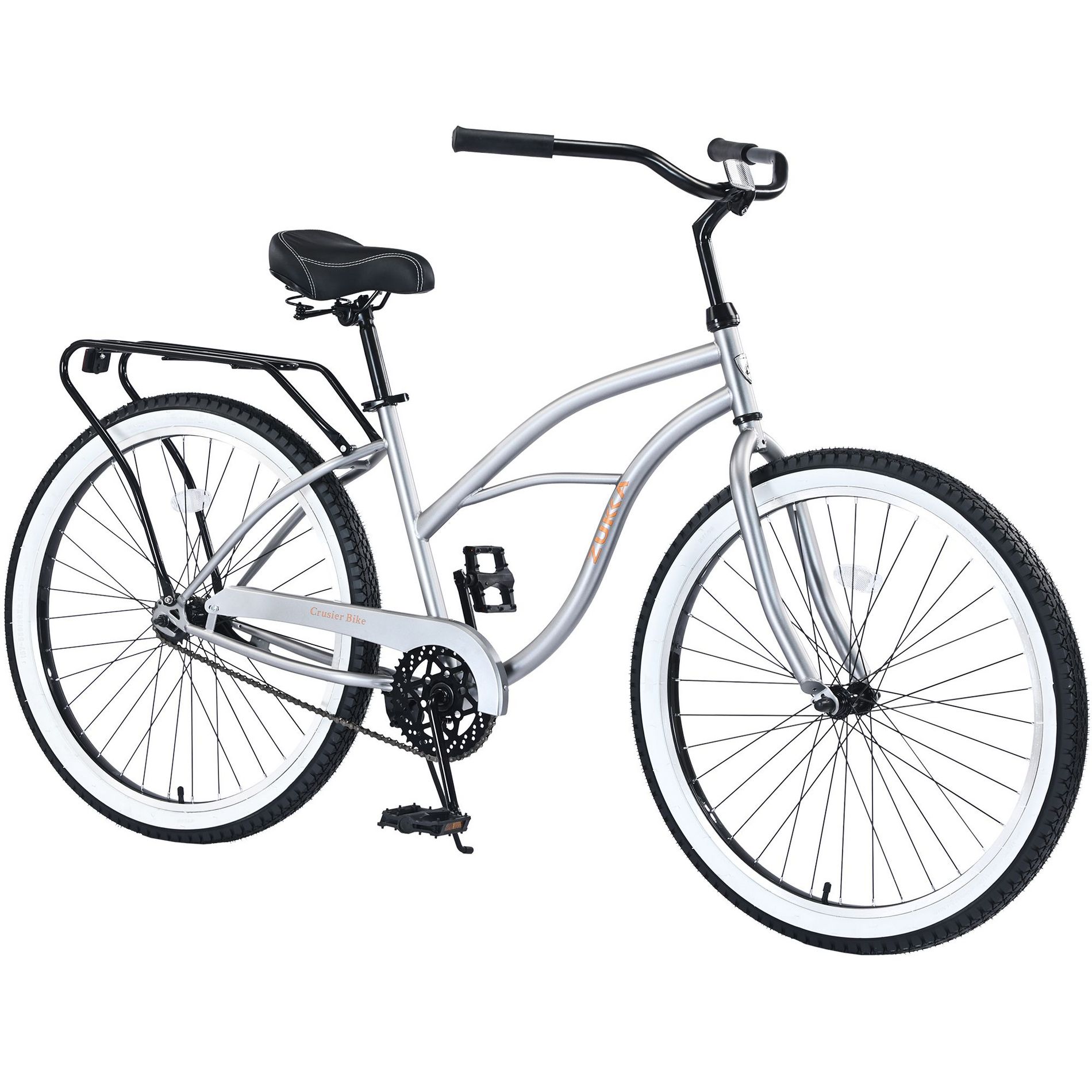 CAVINAS 26 Inch Steel Single Speed Bike with Leather Saddle and Grip,Cruiser Bicycle with Rear Coaster Brakes for Garden & Outdoor,Silver+Gray