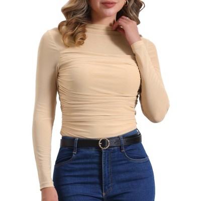 INSPIRE CHIC Women's Solid Mock Neck Mesh Sheer Long Sleeve Ruched Blouses