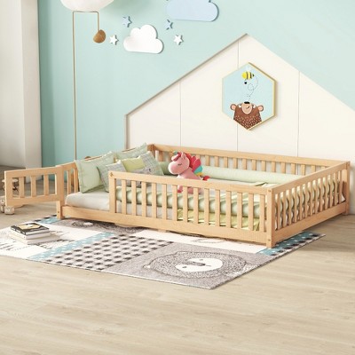 ALEXOUN Kids Floor Bed with Fences and Door,Floor Bed with Safety Guardrails and Support Slats,Wooden Kids Platform Bed Frame,Natural Color