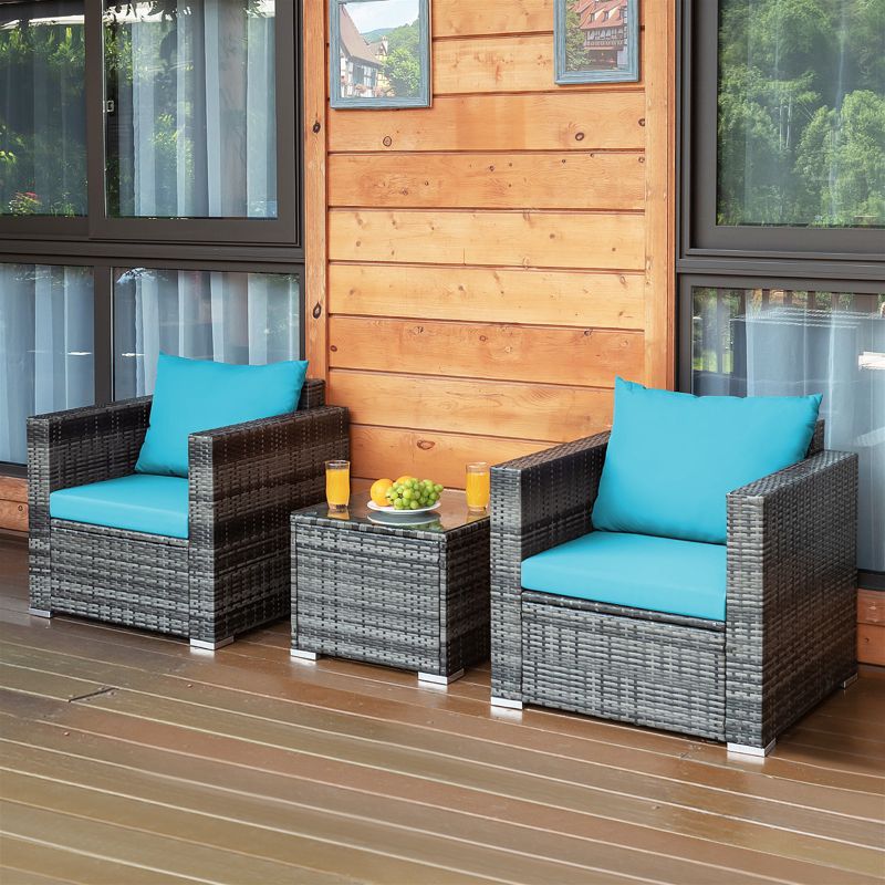 Tangkula 3PCS Patio Rattan Furniture Set Outdoor Bistro Set w/Washable Cushion for Garden Poolside Backyard Turquoise, 2 of 8