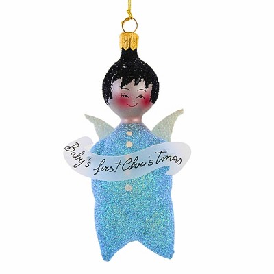 Italian Ornaments 4.5 Inch Baby's First Christmas Blue Pillow Puff Angel Italian Ornament Keepsake Tree Ornaments