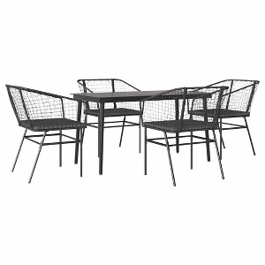 vidaXL 5 Piece Patio Furniture Set - Black Poly Rattan Dining Chairs with Cushions & Tempered Glass Patio Table - Outdoor Garden Set - 1 of 4