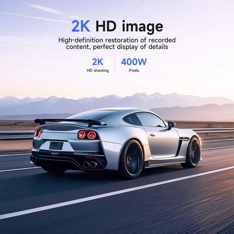 A silver colored sports car driving on a road with text above stating "2K HD image," "2K HD shooting," and "400W Pixels."
