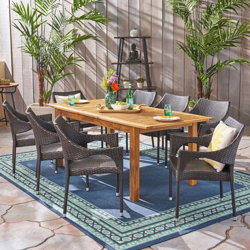 Damon 9pc Wood &#38; Wicker Expandable Dining Set - Natural/Brown - Christopher Knight Home, 3 of 11