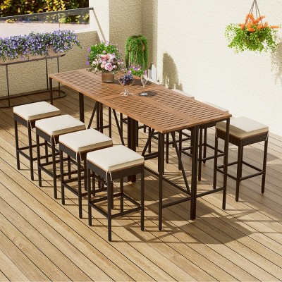 Acacia Wood Bar Height Dining Set,Outdoor Garden High Dining Bistro Set,Patio Foldable Bistro Dining Table with Stools and Cushion-Coolbibila